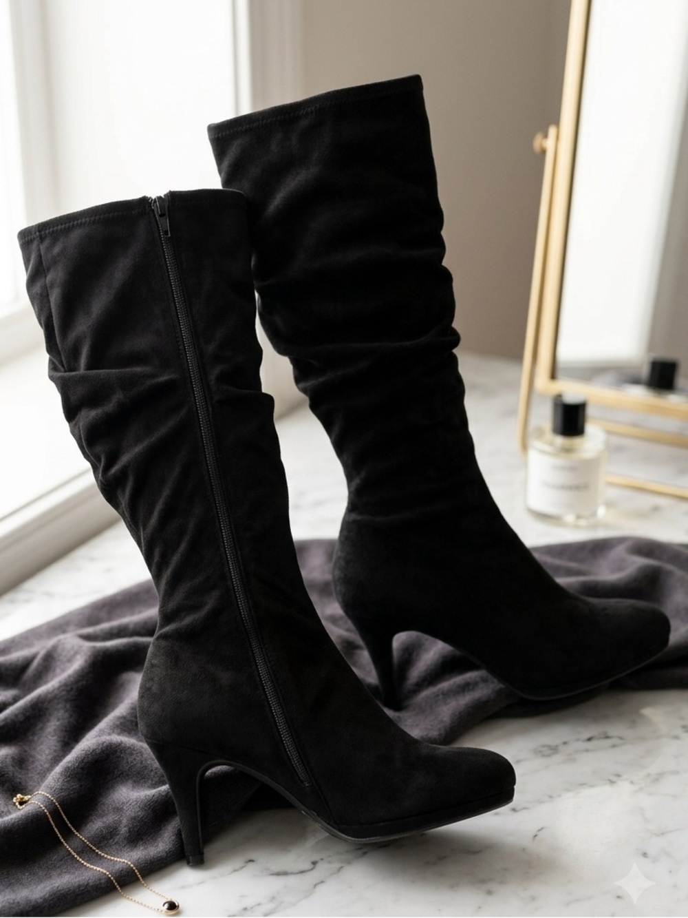 Women's Black Mid-Calf Suede Heeled Boots